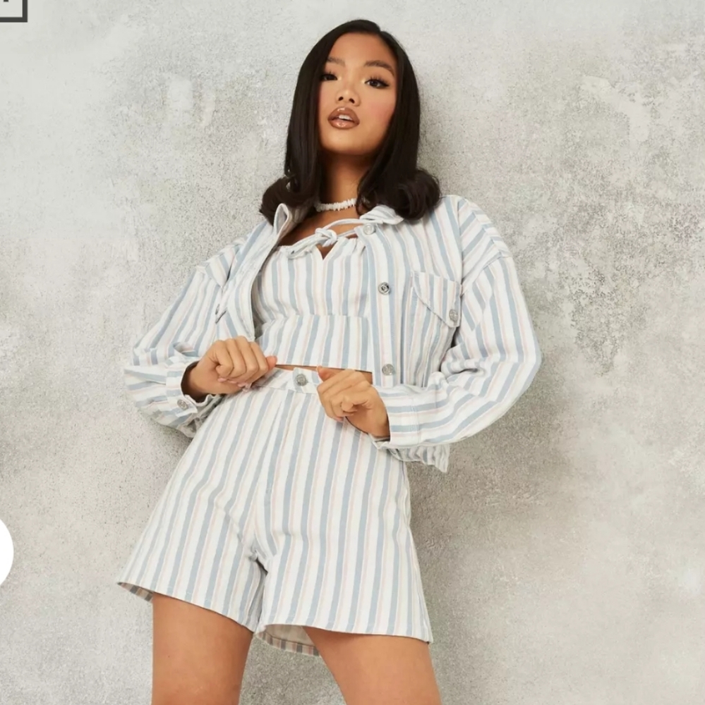 Blue Co-Ord Striped Square Neck Denim Top